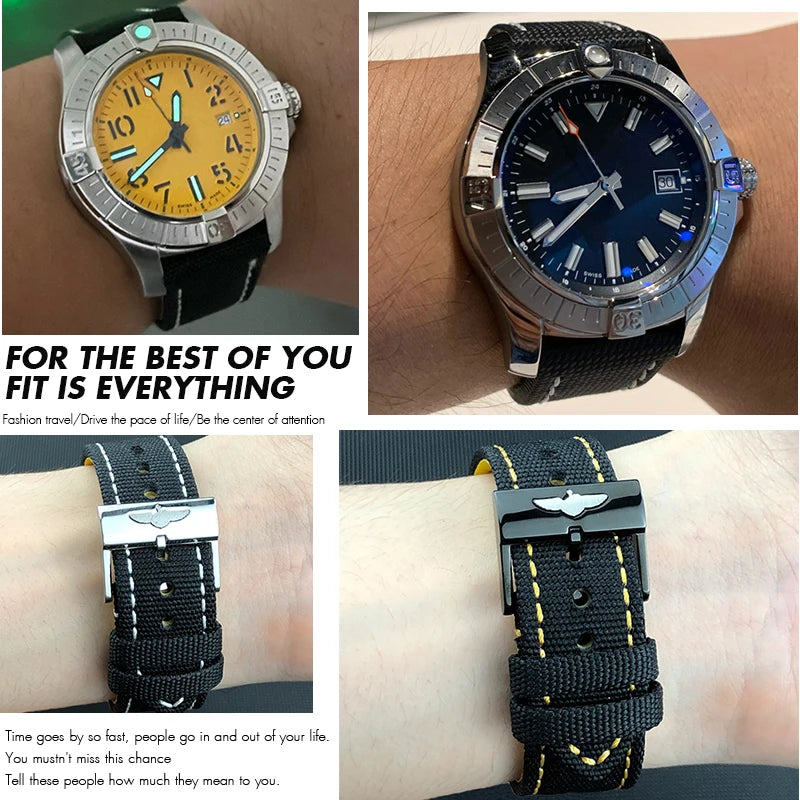 Bracelet de montre en cuir et nylon épais de qualité, 21mm 22mm, pour Breitling Avenger CHRONOMAT NAVITIMER SUPEROCEAN, bracelet de montre à fond jaune