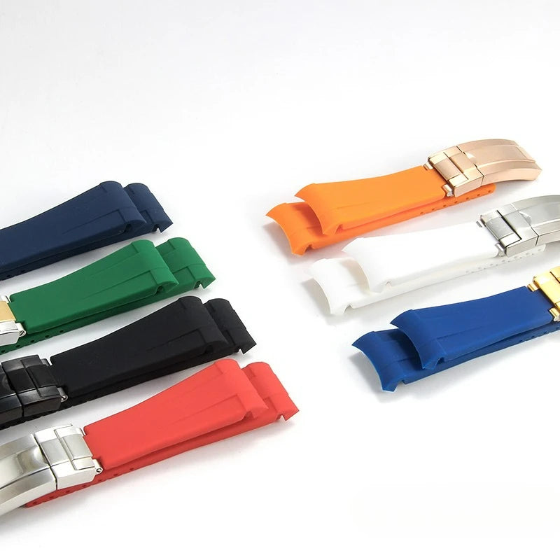 High-quality silicone watch strap in colorful styles (black, green, red, blue, white), with a curved interface for Rolex Datejust Submariner straps.