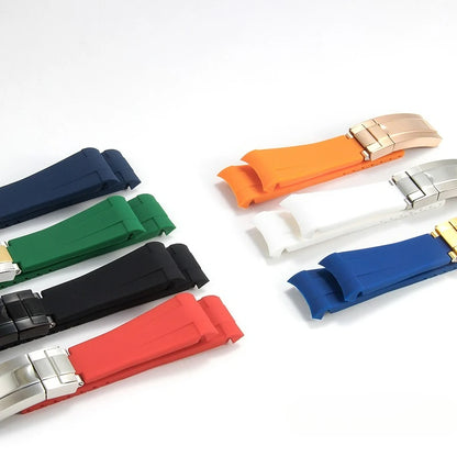 High-quality silicone watch strap in colorful styles (black, green, red, blue, white), with a curved interface for Rolex Datejust Submariner straps.