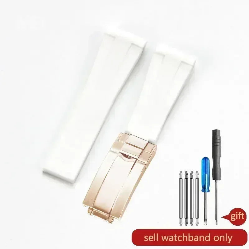 High-quality silicone watch strap in colorful styles (black, green, red, blue, white), with a curved interface for Rolex Datejust Submariner straps.