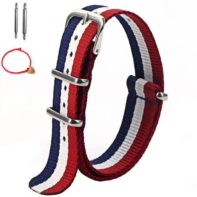 Bracelet de montre à rayures de remplacement pour hommes et femmes, en Nylon, avec boucle ardillon argentée, 16MM 18MM 20MM 22MM, bracelet à dégagement rapide