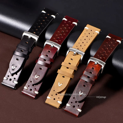 Cinturino per orologio in vera pelle da uomo e donna, traspirante, a sgancio rapido, 20mm, 22mm, in pelle bovina, effetto oliato, attenzione, nero, rosso, giallo, marrone