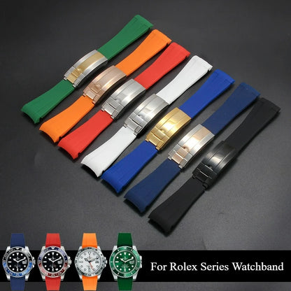High-quality silicone watch strap in colorful styles (black, green, red, blue, white), with a curved interface for Rolex Datejust Submariner straps.