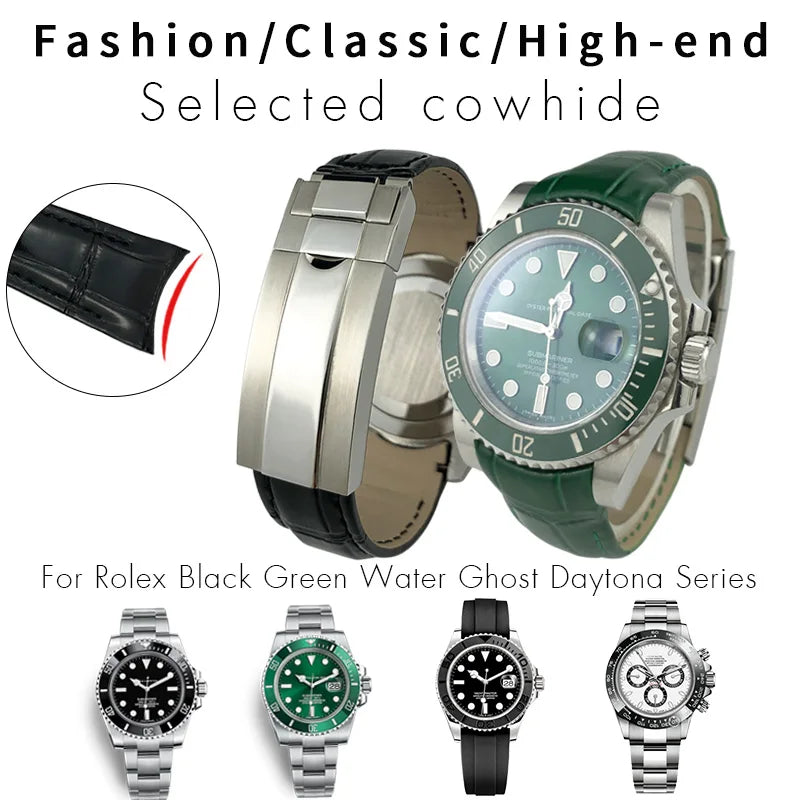 Bracelet de montre en cuir véritable souple, extrémité incurvée, bracelet de montre noir, Rolex Submariner DayRequiGstuff Yacht-Master Datejust, 20mm
