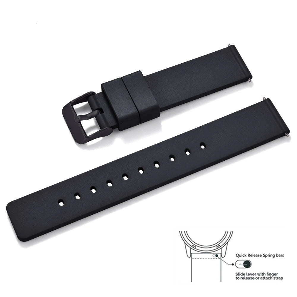 Premium quality smooth flat FKM rubber watch strap 16mm 18mm 20mm 22mm 24mm quick release soft rubber watch straps