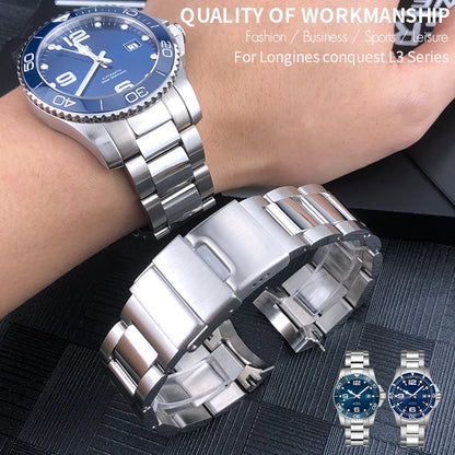 Bracelet de montre en acier inoxydable de qualité, 21mm 19mm 22mm, pour montre Longines L3 HydroConquest L3.782.4 781, extrémité incurvée, bracelet en métal massif