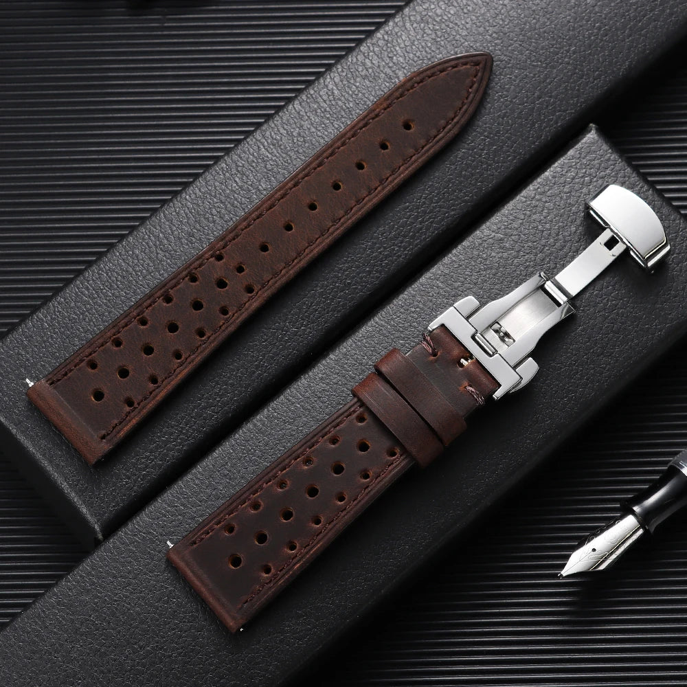 Bracelet de montre vintage de course à dégagement rapide, marron, respirant et poreux, 18mm 19mm 20mm 21mm 22mm 24mm, avec boucle papillon