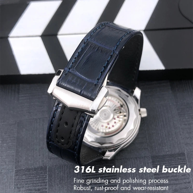 Bracelet de montre en cuir véritable à extrémité incurvée pour Omega Speedmaster Seam84AT150, déploiement struc19 mm 20mm 21mm, noir, bleu