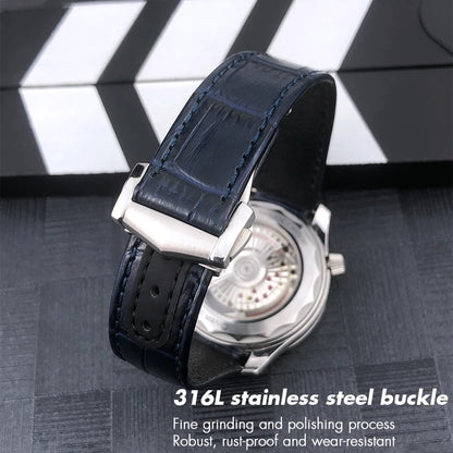 Bracelet de montre en cuir véritable à extrémité incurvée pour Omega Speedmaster Seam84AT150, déploiement struc19 mm 20mm 21mm, noir, bleu