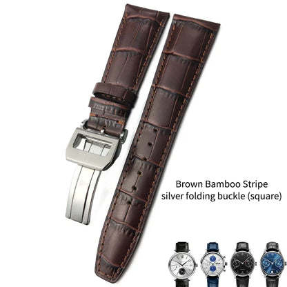Bracelet de montre en cuir de veau véritable, grain d'alligator, compatible avec IWC Pilot Portuguese Serie, disponible en noir, marron et bleu