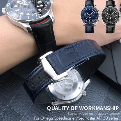 Bracelet de montre en cuir véritable à extrémité incurvée pour Omega Speedmaster Seam84AT150, déploiement struc19 mm 20mm 21mm, noir, bleu