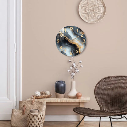 1-piece wooden wall clock, fantasy theme - blue and gold marble textured pattern, silent clock with tempered film veneer, suitable