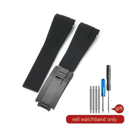 High-quality silicone watch strap in colorful styles (black, green, red, blue, white), with a curved interface for Rolex Datejust Submariner straps.