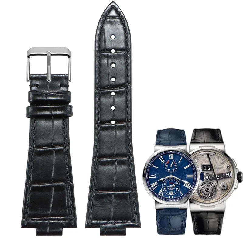 Convex leather watch strap for Ulysse Nardin MARINE 6300 263 6319, men's and women's strap, 24x12MM 26x12MM, blue strap accessory