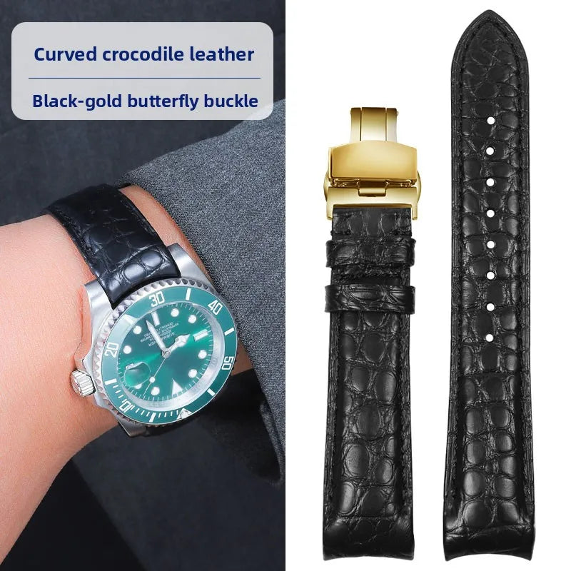 Bracelet de montre incurvé en peau de Crocodile, 20mm 22mm, pour Rolex Omega Tissot IWC Seiko, Bracelet en cuir véritable souple pour hommes