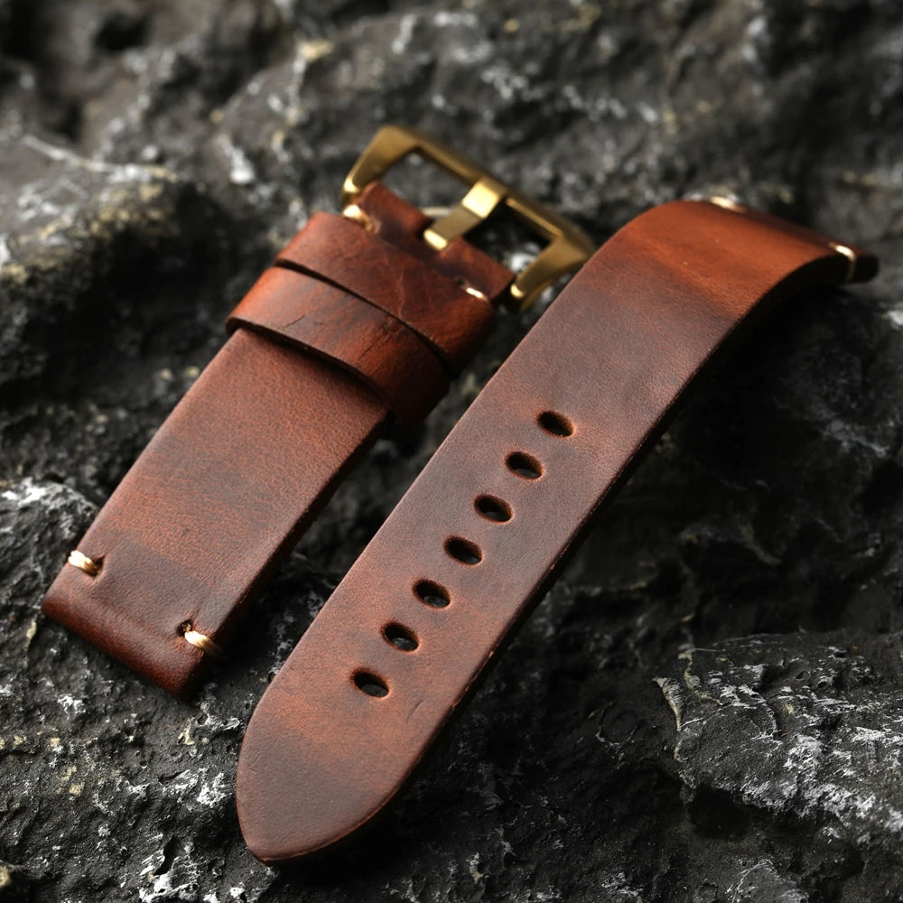 Bracelet en cuir de vache marron avec boucle en Bronze pur chromé cxl fait à la main, 20MM 22MM 24MM 26MM, bracelet épais pour montre en Bronze de Style Vintage
