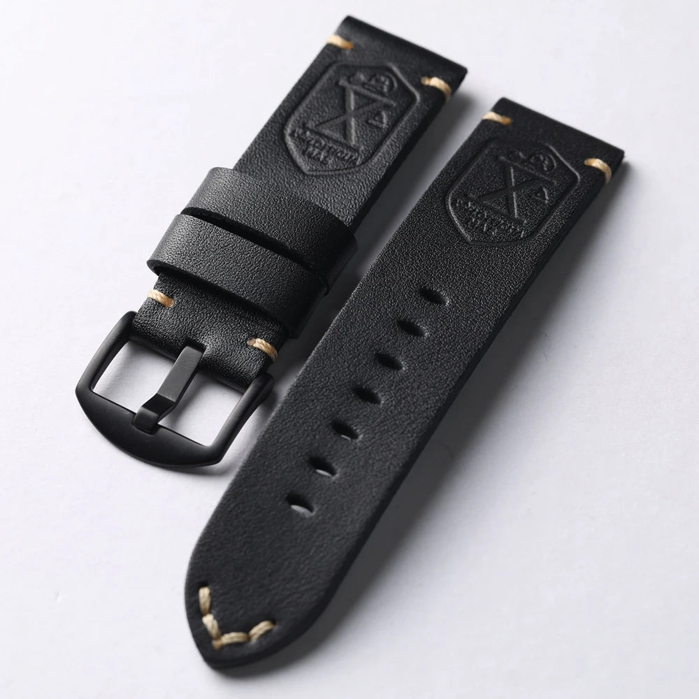 Handmade Cowhide Leather Watch Strap, Top Layer, 20 22 24 26MM, Black, Soft, Foldable, No Sandwich, Flexible