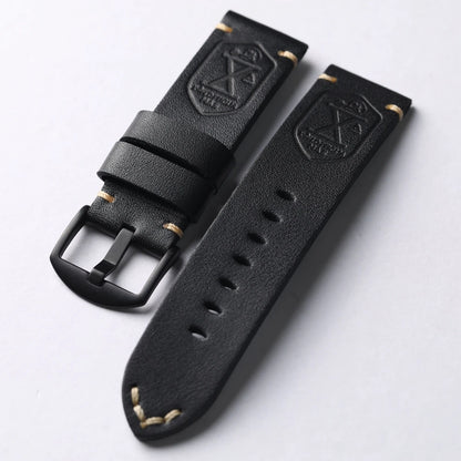 Handmade Cowhide Leather Watch Strap, Top Layer, 20 22 24 26MM, Black, Soft, Foldable, No Sandwich, Flexible