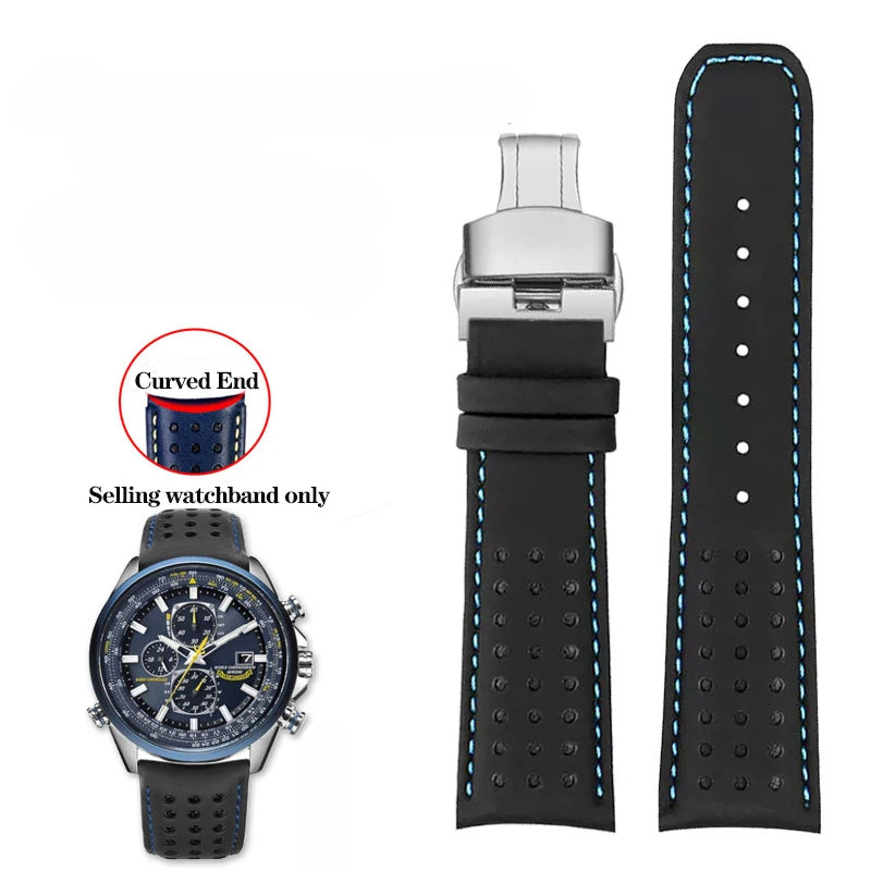 Curved End Leather Watch Strap, 22mm 23mm, for Citizen Blue Angel AT8020-54L/8020-03L JY8078 AT8020 Series, Black