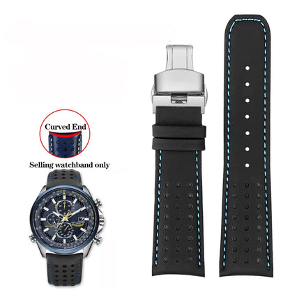 Curved End Leather Watch Strap, 22mm 23mm, for Citizen Blue Angel AT8020-54L/8020-03L JY8078 AT8020 Series, Black