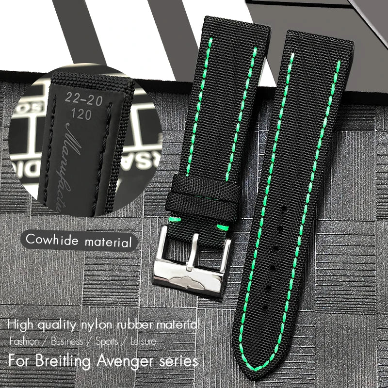 Nylon Canvas Watch Strap, 22mm, for Breitling HMGER Challenger, black, green, gray, yellow, high quality