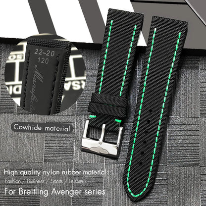 Nylon Canvas Watch Strap, 22mm, for Breitling HMGER Challenger, black, green, gray, yellow, high quality