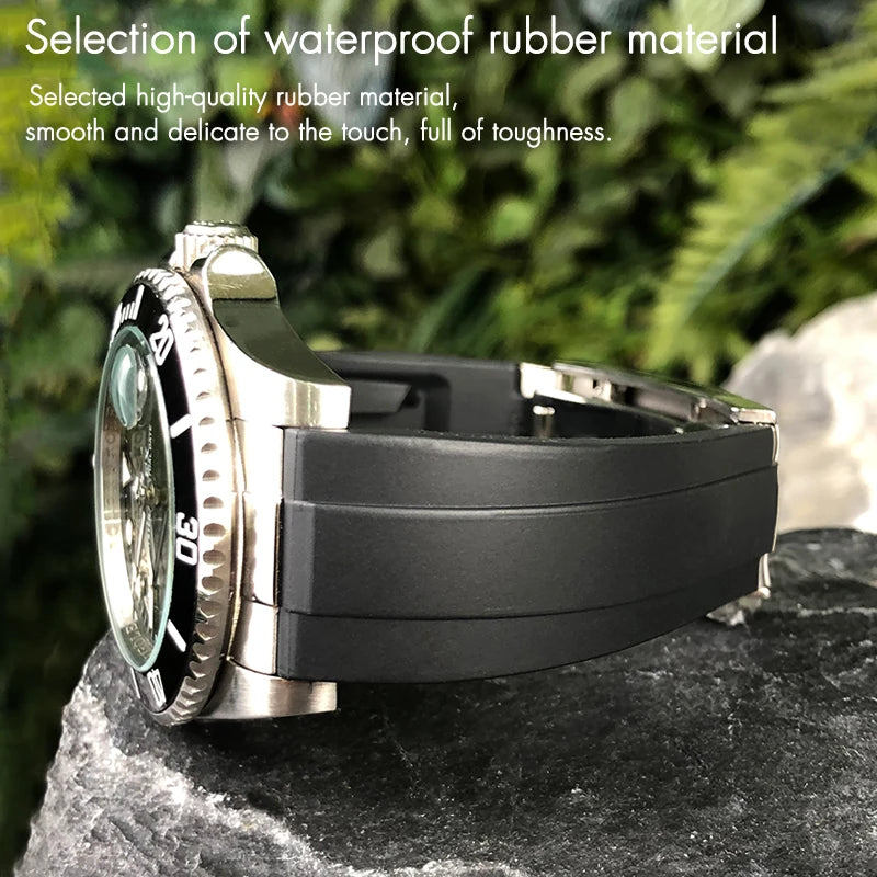 Cinturino per orologio in gomma a maglie metalliche, estremità curva, 20 mm, per orologio Rolex Daytona GMT Yacht Master Submariner, cinturino verde alla moda