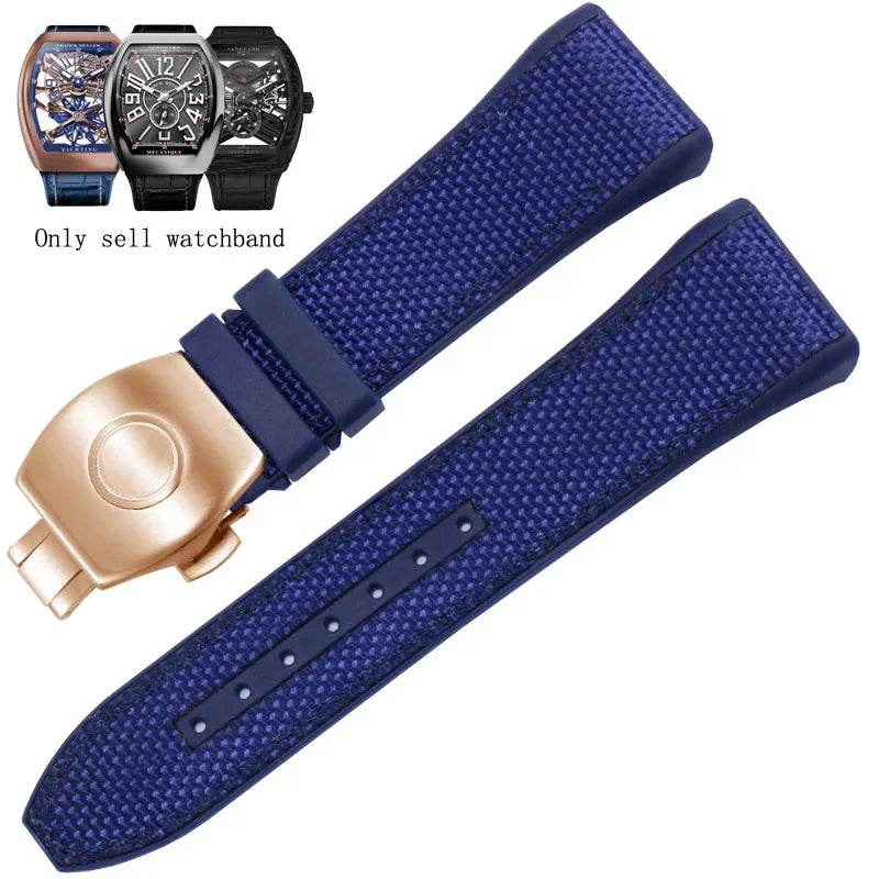 Bracelet de montre pliable en nylon et cuir véritable, bracelet de montre en silicone, noir, bleu, haute qualité, compatible avec Franck Muller, série V45, 28mm