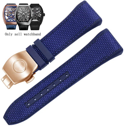 Bracelet de montre pliable en nylon et cuir véritable, bracelet de montre en silicone, noir, bleu, haute qualité, compatible avec Franck Muller, série V45, 28mm