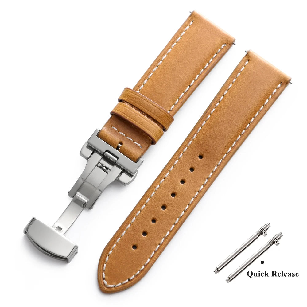 Bracelet de montre Vintage en cuir ciré à l'huile, 18mm 20mm 22mm, couche de tête universelle en cuir de vache, accessoires de Bracelet à boucle papillon