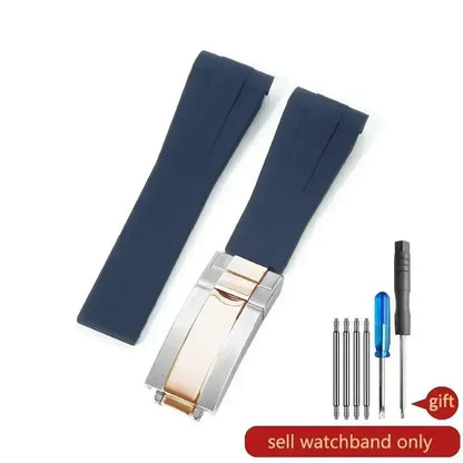 High-quality silicone watch strap in colorful styles (black, green, red, blue, white), with a curved interface for Rolex Datejust Submariner straps.