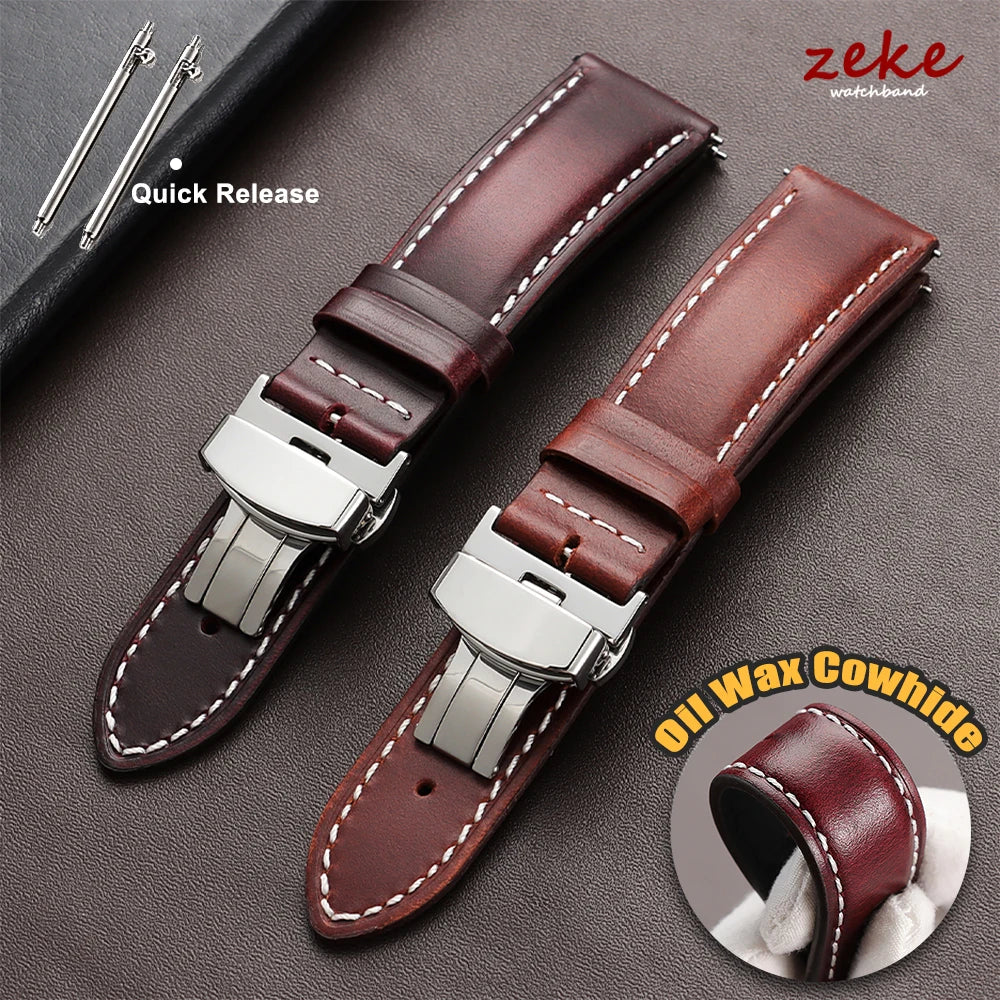 Bracelet de montre Vintage en cuir ciré à l'huile, 18mm 20mm 22mm, couche de tête universelle en cuir de vache, accessoires de Bracelet à boucle papillon