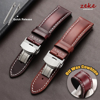 Bracelet de montre Vintage en cuir ciré à l'huile, 18mm 20mm 22mm, couche de tête universelle en cuir de vache, accessoires de Bracelet à boucle papillon