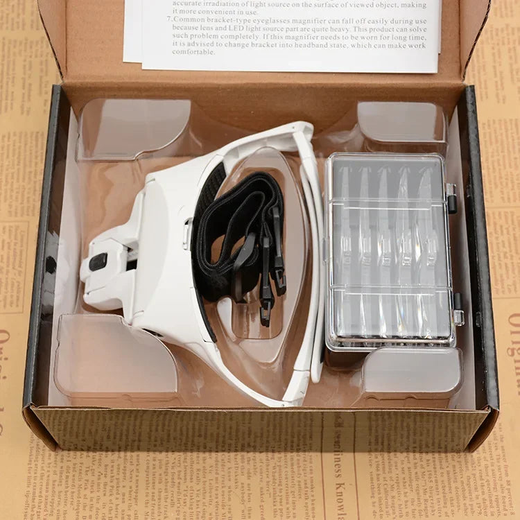 Magnifying Glass with LED Light for Jewelers, Instrument for Repairing Glasses or Optical Lenses, or Watches and Jewelry, Wearable on the Head