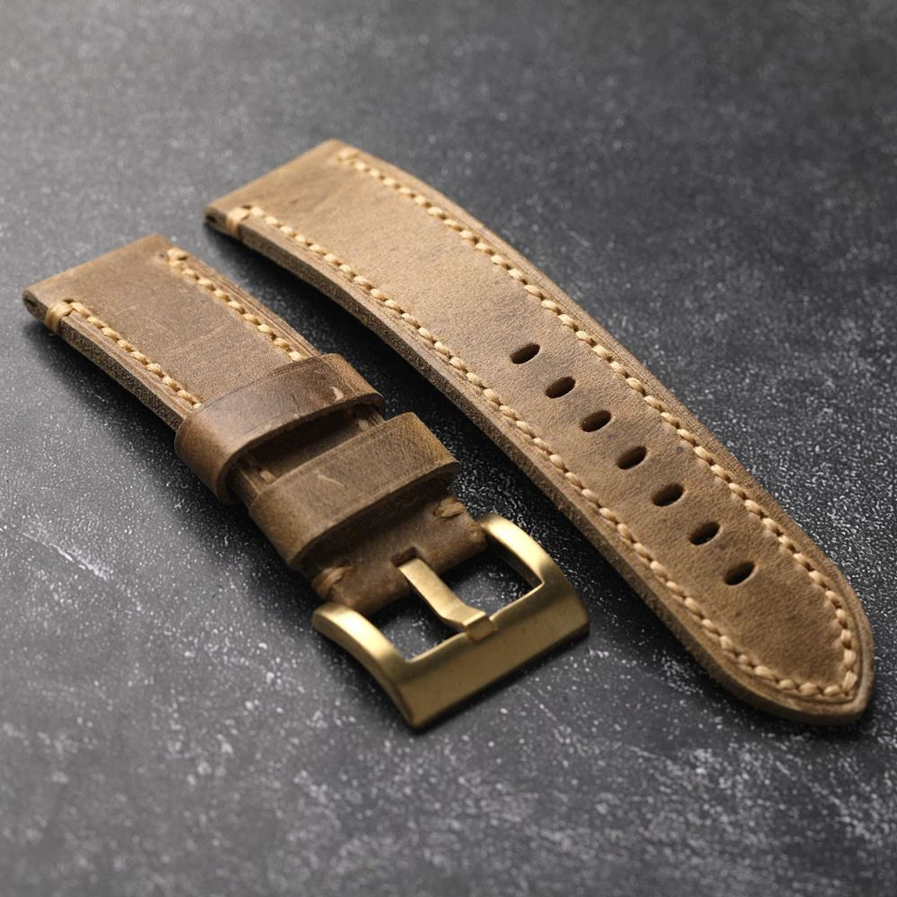 Bracelet en cuir de vache fait à la main, couche de tête, 20 22 24 26MM, boucle en Bronze, Style rétro, accessoires de montre en cuivre pur épais