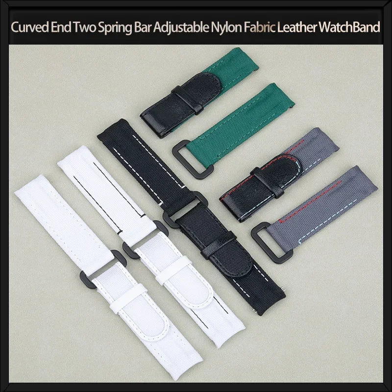 Bracelet de montre en nylon et cuir noir et blanc, 20 mm, extrémités courbées, deux barres à ressort, réglable, pour Rolex DAYTONA SUBMARINER diw Wat
