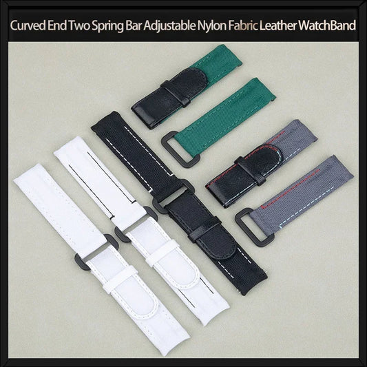 Bracelet de montre en nylon et cuir noir et blanc, 20 mm, extrémités courbées, deux barres à ressort, réglable, pour Rolex DAYTONA SUBMARINER diw Wat