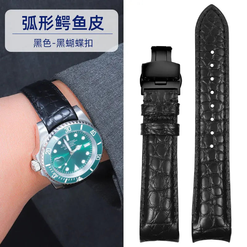 Bracelet de montre incurvé en peau de Crocodile, 20mm 22mm, pour Rolex Omega Tissot IWC Seiko, Bracelet en cuir véritable souple pour hommes