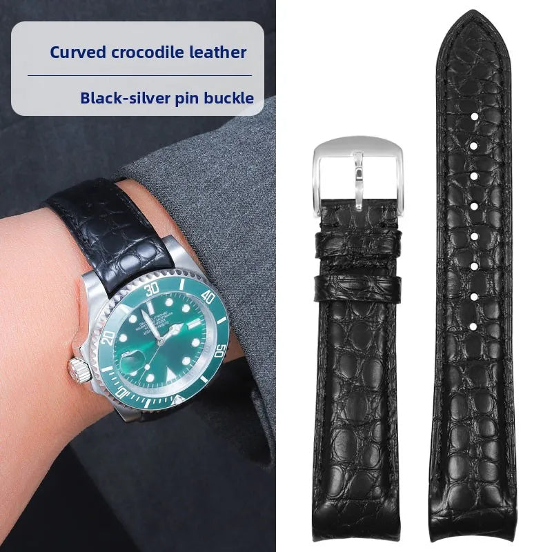 Bracelet de montre incurvé en peau de Crocodile, 20mm 22mm, pour Rolex Omega Tissot IWC Seiko, Bracelet en cuir véritable souple pour hommes
