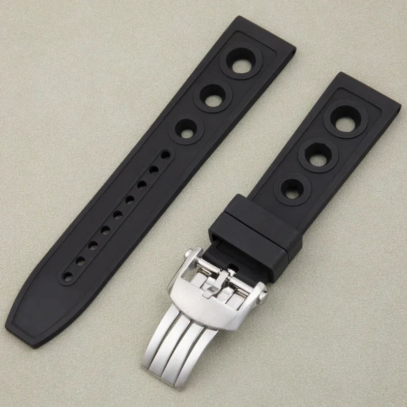 Black FKM Fluoro Rubber Watch Strap, Soft, 22mm, Replacement for Breitling Watch Band, for Superocean Navitimer Avenger Belt