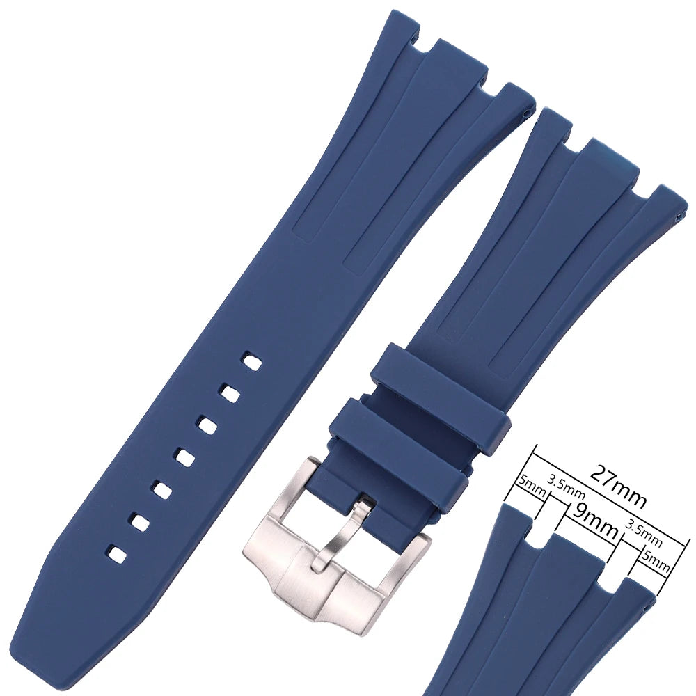 Bracelet de montre en caoutchouc de silicone souple, bracelet de plongée, bracelet de montre-bracelet, bleu, noir, 27mm