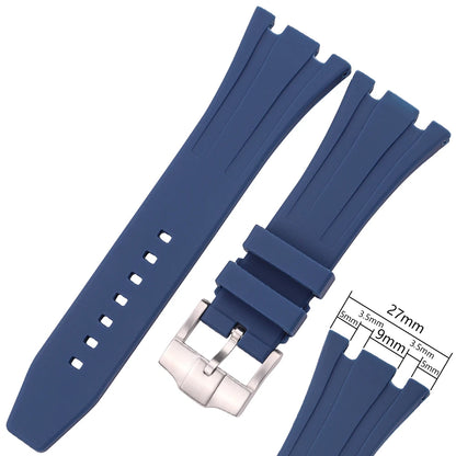 Bracelet de montre en caoutchouc de silicone souple, bracelet de plongée, bracelet de montre-bracelet, bleu, noir, 27mm
