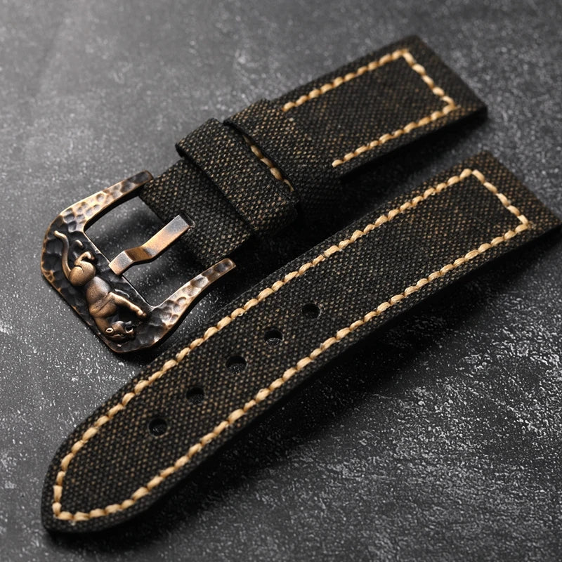 Bracelet de montre en toile bronze fait main pour homme, bracelet de style vintage, martelé, structuré, épais, noir, vert, 20mm, 22mm, 24mm, 26mm