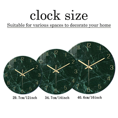 Orologio da parete personalizzato con motivo a texture effetto marmo verde scuro in vetro temperato per soggiorno, camera da letto, cucina, decorazione per la casa, orologio al quarzo silenzioso, regalo per le feste, 12 pollici, 14 pollici, 16 pollici