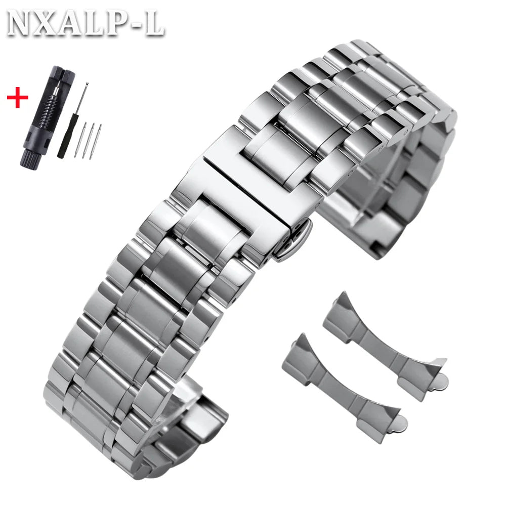 Curved End Stainless Steel Watch Bracelet Butterfly Clasp, Solid Metal Universal Watch Band 12/13/14/15/16/17/18/19/20/21/22/23/24mm