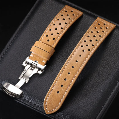Bracelet de montre universel en cuir de vache véritable, boucle papillon, Vintage, pour hommes et femmes, respirant, ceinture 18/20/22mm
