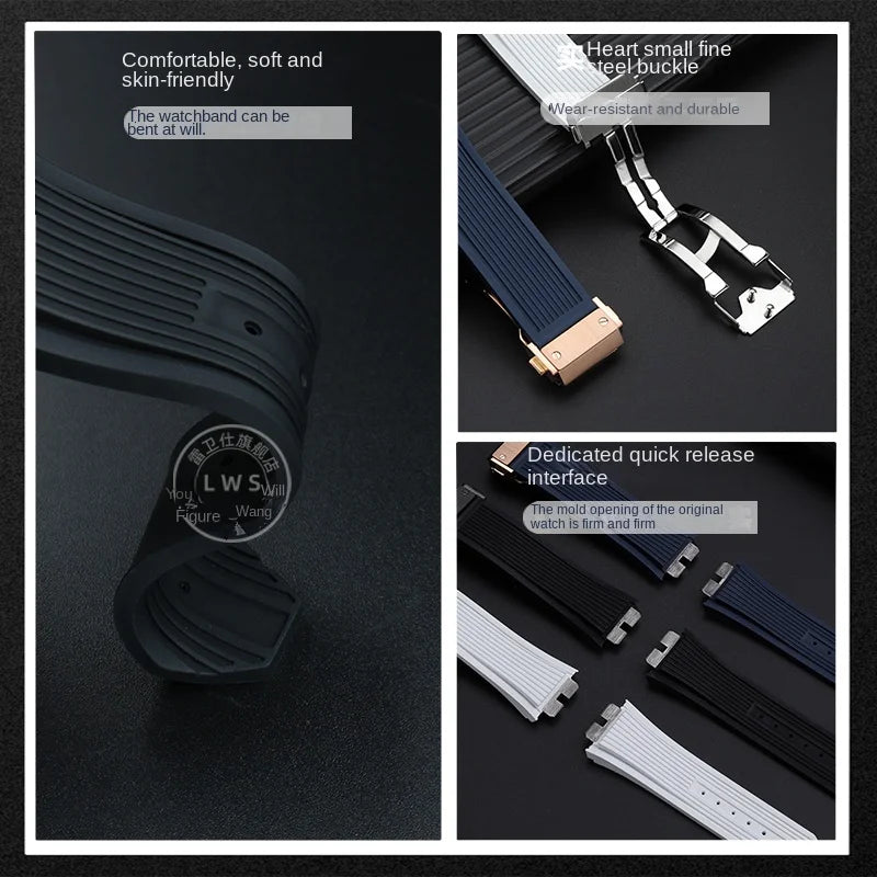 Cinturino per orologio Hublot Big Bang da uomo, cinturino in gomma fluorurata, giunto in acciaio inossidabile, a sgancio rapido, 411, 411, 421