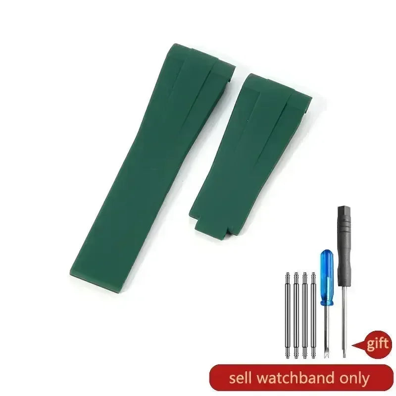 High-quality silicone watch strap in colorful styles (black, green, red, blue, white), with a curved interface for Rolex Datejust Submariner straps.