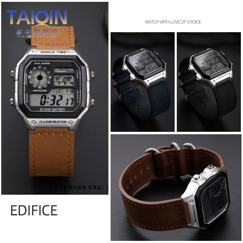 High-quality vintage leather watch strap for Casio 3299 AE-1200 AE-1300 AE-1500 SGW-300/400 w218h, 18mm, brown/black