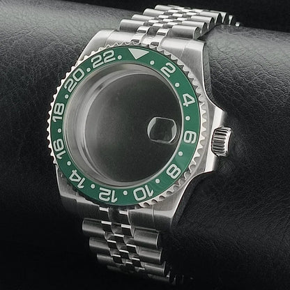 Nouveau 40.5mm GMT fit NH-34 boîtier en argent lunette peut tourner dans les deux directions saphir boîtier de montre étanche pièces de montre accessoires